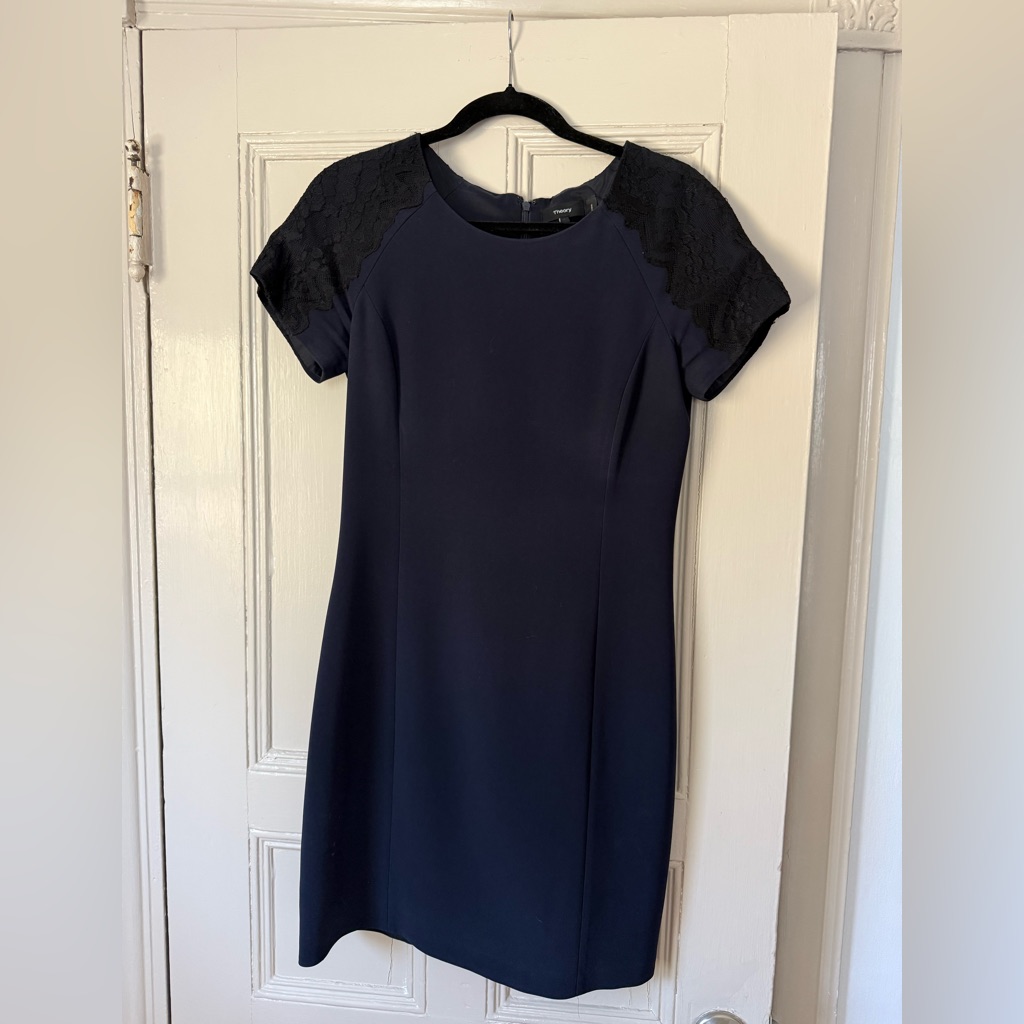Theory Navy Midi Dress With Lace Cap Sleeves